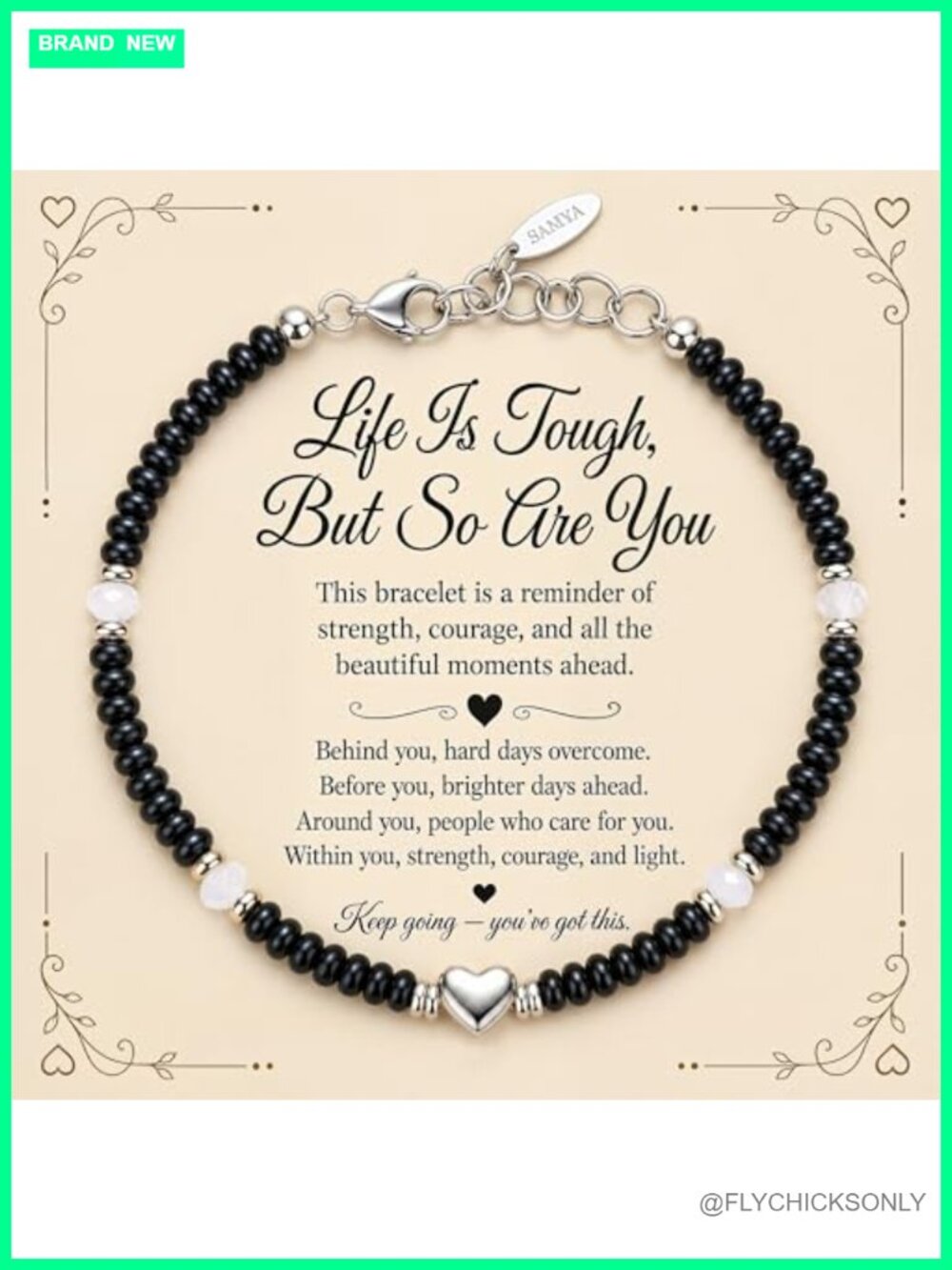 Heart Charm Beaded Bracelet Stainless Steel 6.5in with Extender